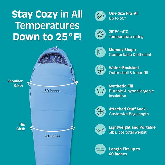 Retrospec Dream 25 Kids Mummy Sleeping Bag for Camping - Insulated, Water-Resistant, Lightweight
