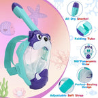 Full Face Snorkel Mask for Kids 4-16, 180 Degree Panoramic View Snorkeling Set Anti-Fog Anti-Leak, Foldable Dry Top Snorkeling Gear for Kids