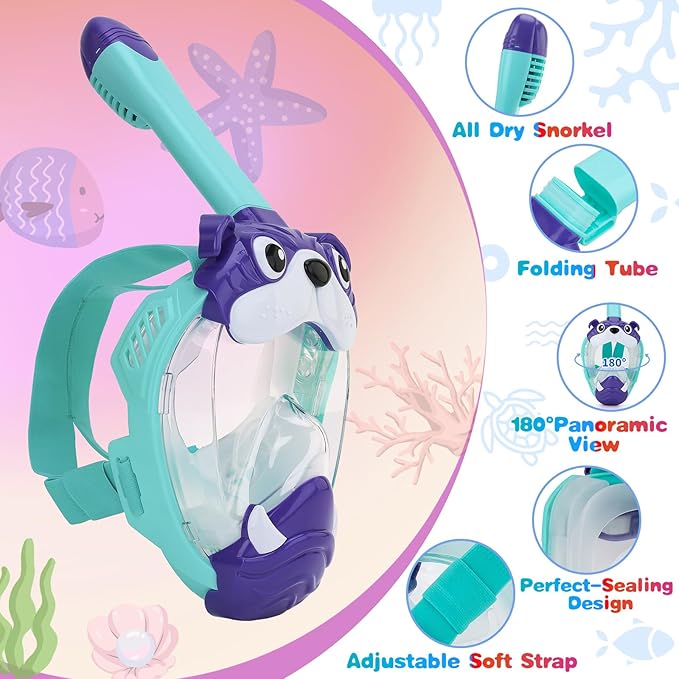 Full Face Snorkel Mask for Kids 4-16, 180 Degree Panoramic View Snorkeling Set Anti-Fog Anti-Leak, Foldable Dry Top Snorkeling Gear for Kids