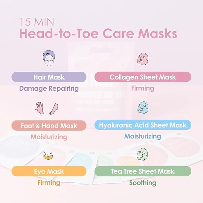 Naisture 15 Min Pamper Me Kit Duo Pack Korean Spa Skincare Gift Sets for Women-Head to Toe with Hair, Face, Eye, Hand, & Foot Masks (14 pcs)