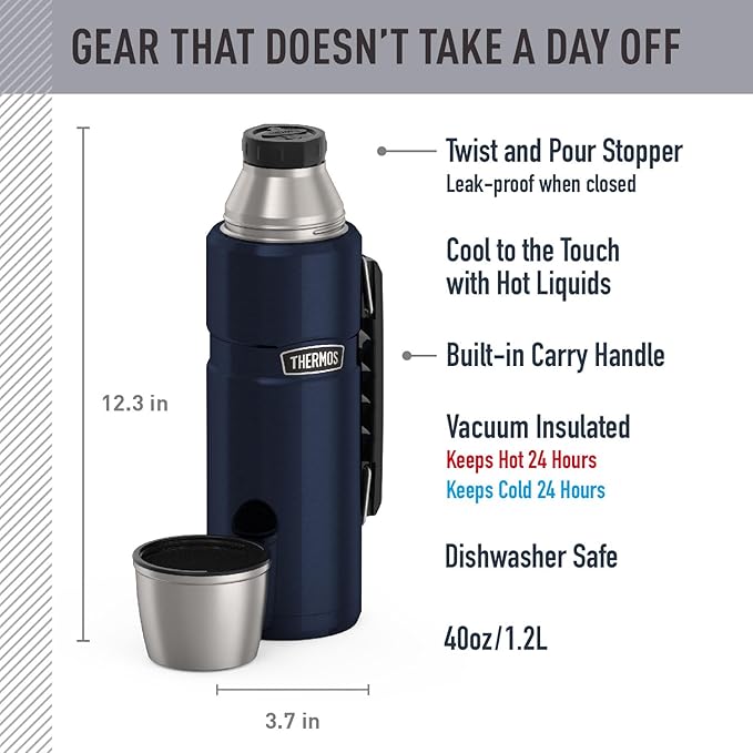 THERMOS Stainless King Vacuum-Insulated Beverage Bottle, 40 Ounce, Midnight Blue