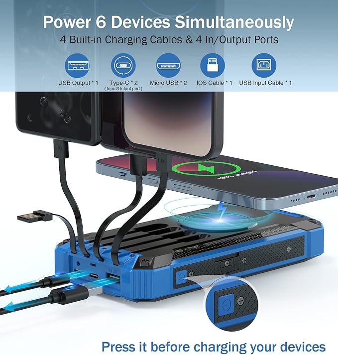 GOODaaa Power Bank Wireless Charger 36000mAh Built in 4 Cables Six Outputs 15W Fast Charging Power Bank for All Mobile Devices Three Inputs Solar Portable Charger with Dual Flashlights, Carabiner