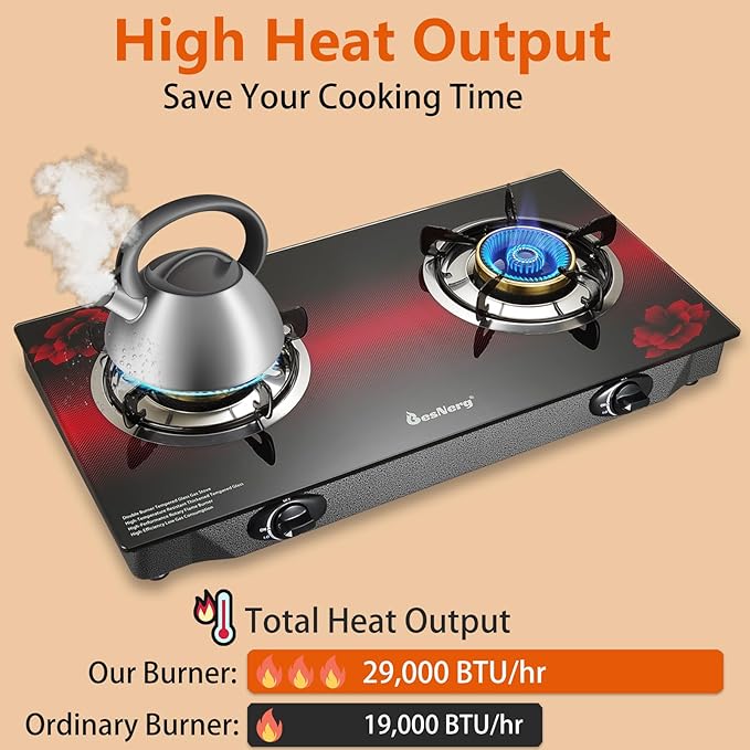 Propane Stove 2 Burner Gas Stove, 28800 BTU High-Efficiency Auto Ignition Tempered Glass LPG Cooktop with CSA Regulator and Hose – for Outdoor Camping, RV, and Emergency Cooking