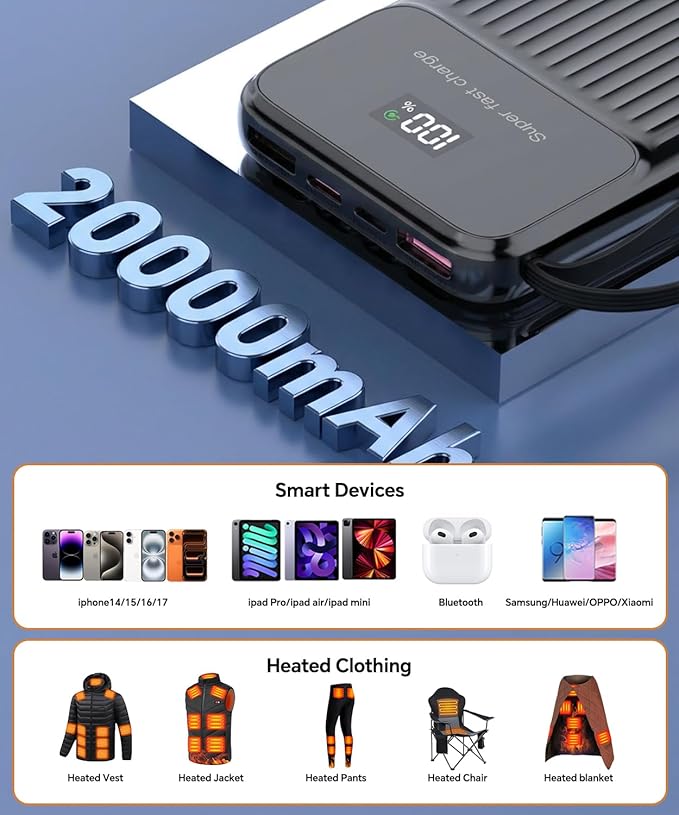 20000mAh Heated Vest Battery Pack USB 5V, Heating Vest Portable Charger USB/Type C Output Ports, Power Bank for Heated Jacket, LED Display Battery Pack for Heated Vest