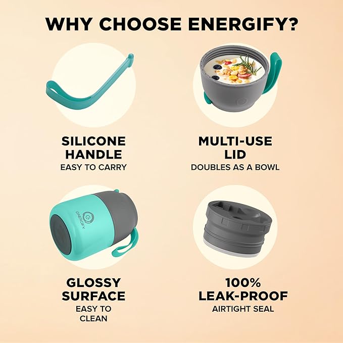 ENERGIFY Vacuum Insulated Food Jar. Large 12oz Bowl incl. Folding Spoon, Cup. Wide Mouth Keep Hot & Cold Drinks Soup Lunch Container for Adults. BPA-Free Stainless Steel, Leak Proof Mint Green