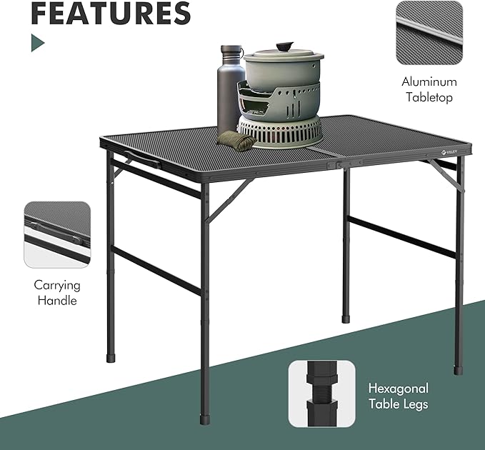 VILLEY Grill Table, 3ft Folding Camping Table with Aluminum Adjustable Legs, Portable Lightweight Camp Table for Beach Picnics and Outdoor Cooking