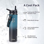 Trebo 24 oz Water Bottle Insulated with Lid and Straw,Double Wall Vacuum Stainless Steel Metal Tumbler Sports Flask with Paracord Handle, Keep Cold 48 Hours Water Cup with 3 Lids, Indigo/Black