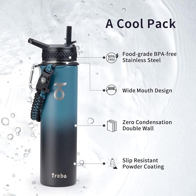 Trebo 24 oz Water Bottle Insulated with Lid and Straw,Double Wall Vacuum Stainless Steel Metal Tumbler Sports Flask with Paracord Handle, Keep Cold 48 Hours Water Cup with 3 Lids, Indigo/Black