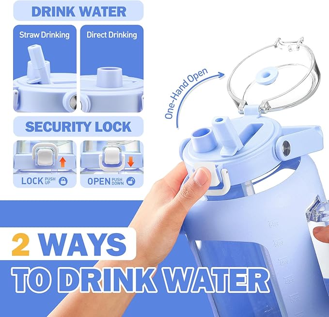 BLUEGO 64 oz Glass Water Bottle with Straw, Tumbler, Half Gallon, BPA Free, Light Blue, Sports, Daily Use, Travel, Hiking, Running, Cycling, Fitness