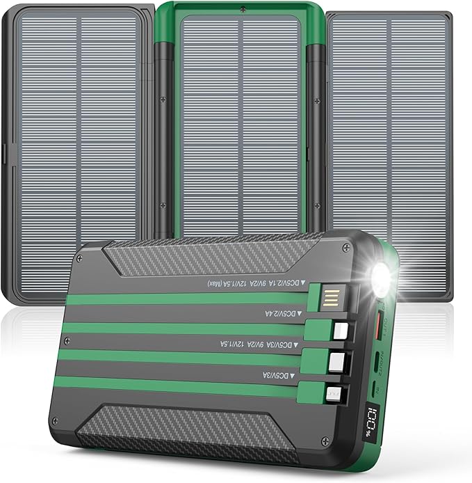 Power Bank Solar Charger 46800mAh Built in 4 Cables 3 Foldable Solar Panels, PD20W Fast Charging Portable Charger, LED Display Powerbank USB C in/Output, External Battery Pack with SOS Camping Light