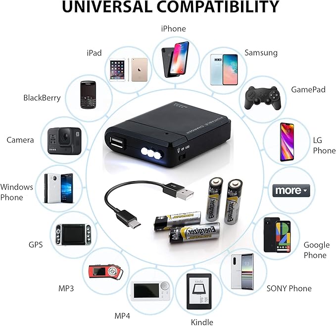 Portable AA Battery Travel Charger for Samsung Galaxy J7 (2017) and Emergency Re-Charger with LED Light! (Takes 4 AA Batteries) [Black]