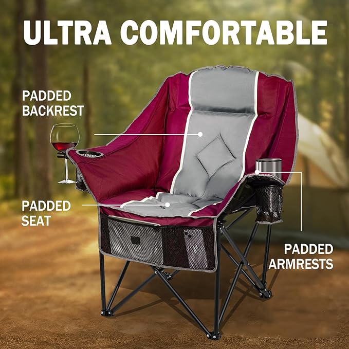 Oversized Camping Chairs Extra Wide 400lbs Capacity, Heavy Duty Folding Outdoor Chair with 2 Cup Holder & Storage Pocket, Padded and Portable Lawn Chair for Adults, Camp, Fishing, Tailgating, Picnic