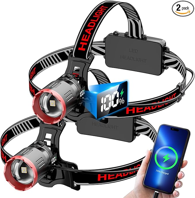 Yoobao Rechargeable Headlamp 2 Pack, USB Output, 3 Light Modes, 90°Adjustable, 100000 Lumens Headlights for Head, LED Headlamp for Running Cycling Repair Fishing Outdoor Essentials Gear