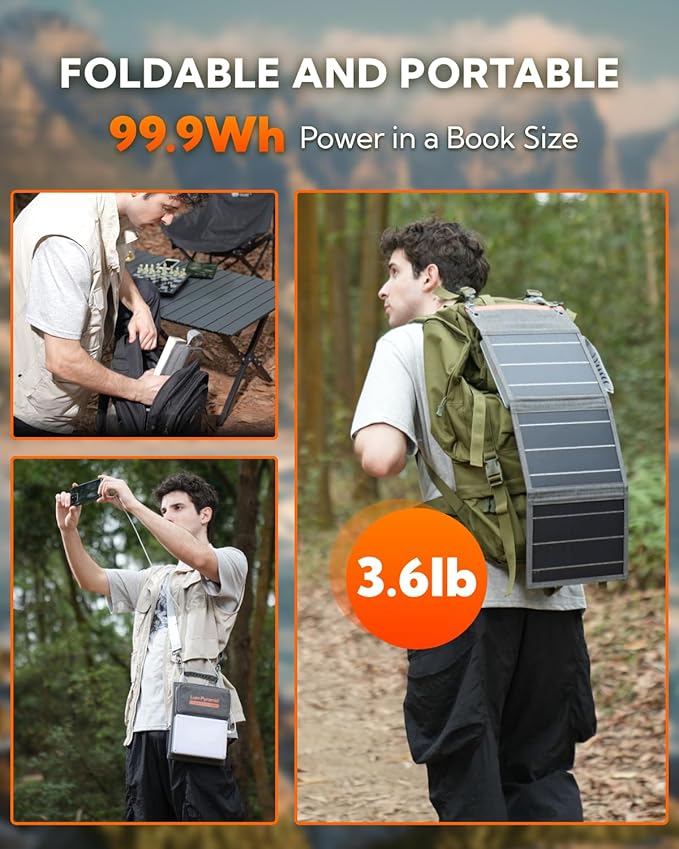 Portable Solar Charger 99.9 Wh Battery Bank Equipped with 24W Foldable Solar Panels and 600 Lumen Adjustable LED Camping Light, 65W PD USB-C, 22W QC3.0 USB A Output for Outdoor
