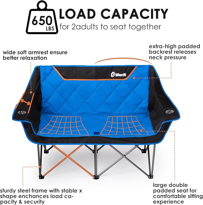 EMERIT Double Camping Chair Oversized Padded for Adults, Heavy Duty Folding Loveseat for Outdoor, Camping, Beach, Lawn, Concert 650LB
