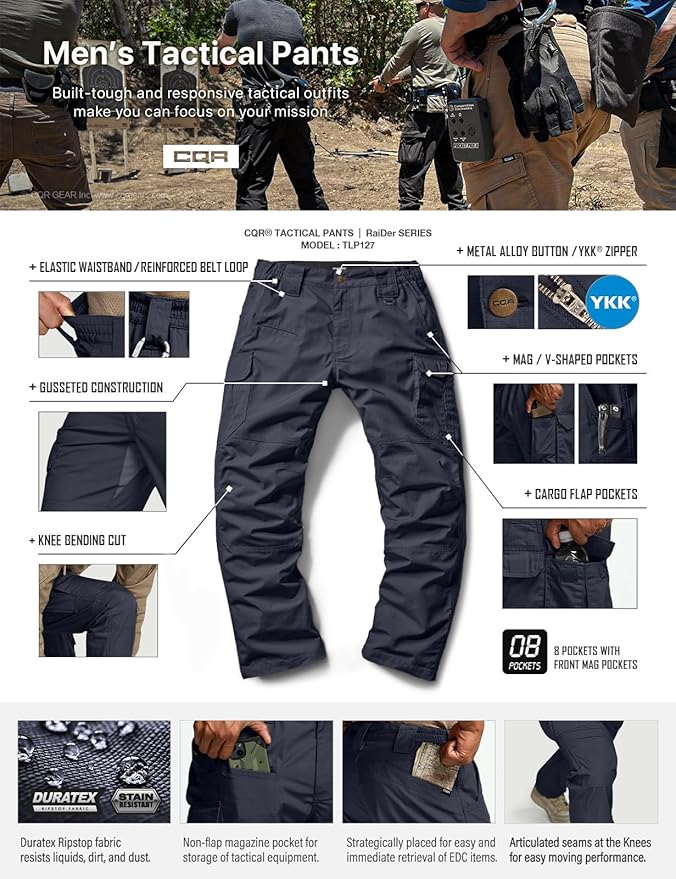 CQR Men's Tactical Pants, Water Resistant Ripstop Cargo Pants, Lightweight EDC Work Hiking Pants, Outdoor Apparel