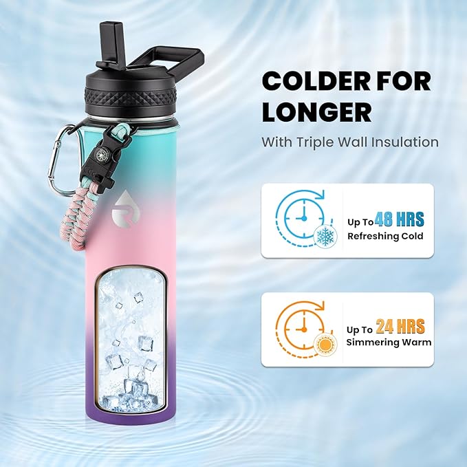Insulated Water Bottle 24oz, Triple Wall Vacuum Stainless Steel (Cold for 48 Hrs, Hot for 24Hrs), Leak Proof & Non-BPA, 24oz Hydro Water Flask with Paracord Handle & Straw Spout Lids