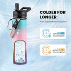 Insulated Water Bottle 24oz, Triple Wall Vacuum Stainless Steel (Cold for 48 Hrs, Hot for 24Hrs), Leak Proof & Non-BPA, 24oz Hydro Water Flask with Paracord Handle & Straw Spout Lids