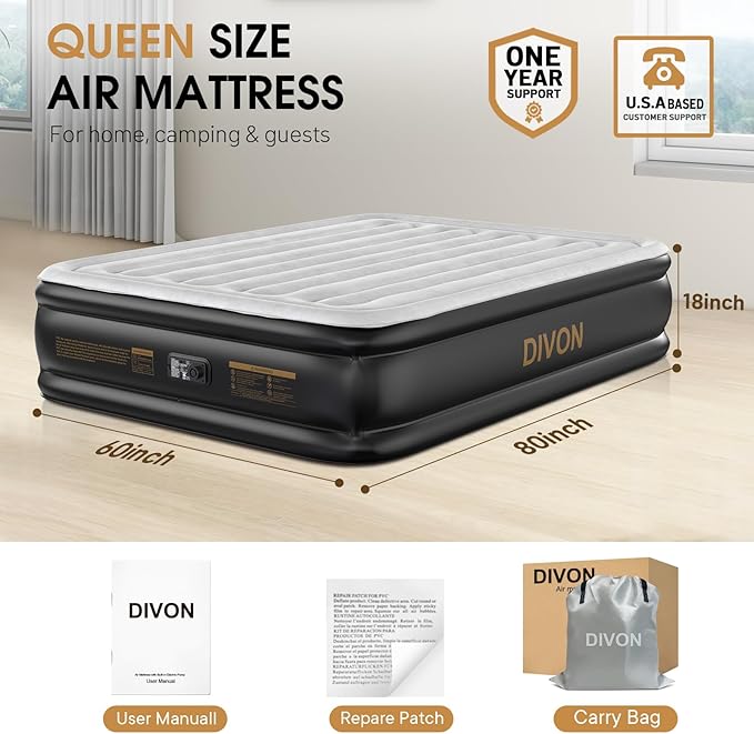 DIVON Air Mattress Queen with Built in Pump,Blow Up Mattress with Wave Pattern in 3 Mins,18'' Quick Inflatable Mattress, Luxury Airbed for Home&Camping,Black,660lbs