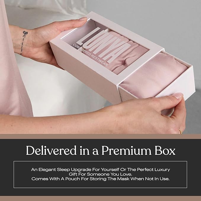 Lunya Washable Silk Sleeping Mask – Thermoregulating Mulberry Silk, Light Blocking and Comfortable Fit – Sleep Mask for Women and Men with Box – Delicate Pink – Small