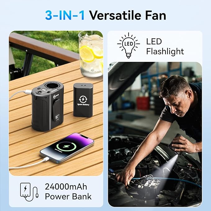 [Dual Battery] Next-Gen AI Portable Waist Fan Clip On 24000mAh, MAX 80H Runtime, 17000RPM Powerful 5 Speeds, Rechargeable Belt Fan with Filter Power Bank Flashlight, Shirt Fans for Men Outdoors Travel