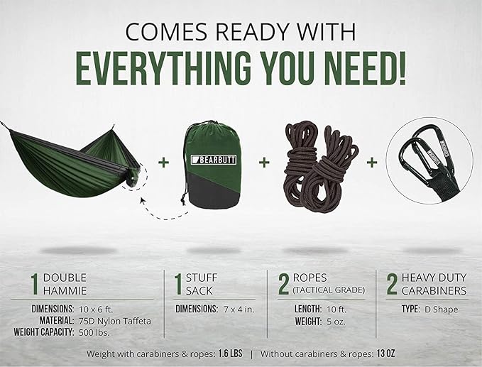 Bear Butt 2 Person Portable Hammock - Backpacking to Camping - Double Hammock for Travel & Outdoor