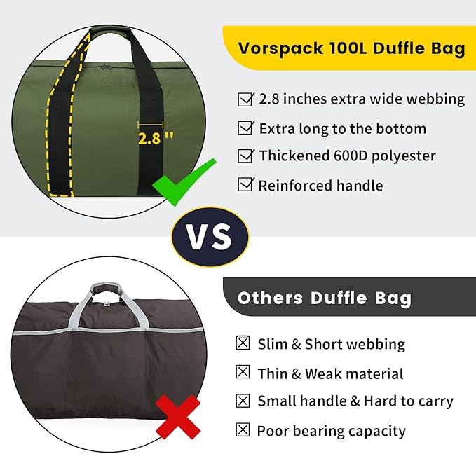 Vorspack Extra Large Duffle Bag for Travel - 100L Duffel Bag for Men Gear Bag for Storage Foldable Weekender Bag for Overnight Camping - Green