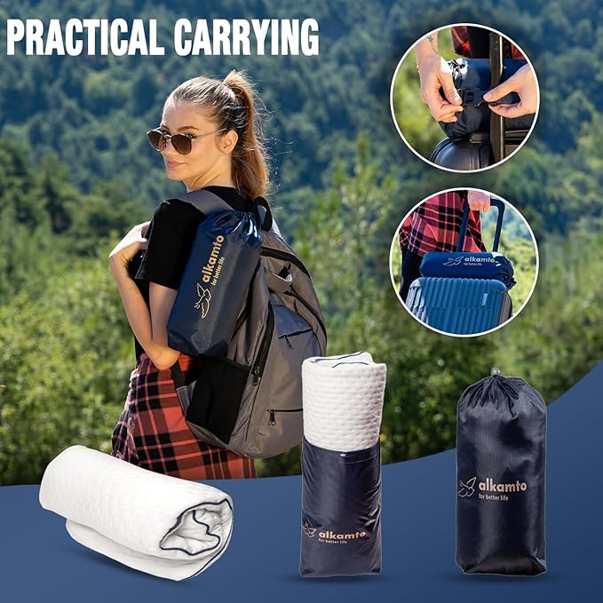 Travel & Camping Comfortable Memory Foam Pillow – Easy to Carry Portable Bag – Temperature Regulating Pillow Case (White + Extra Cover)