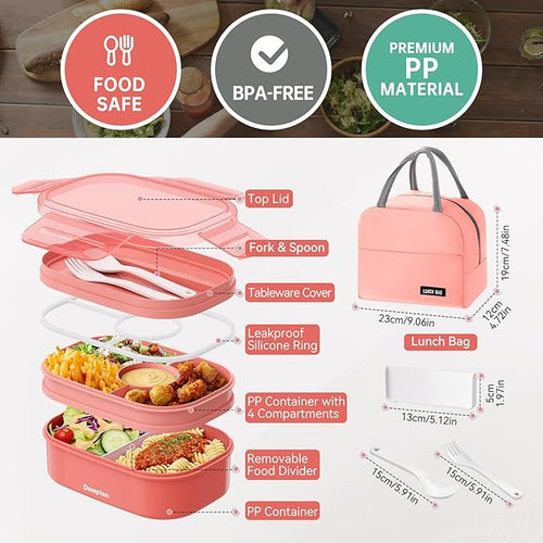 2 Layers Bento Box, All-in-One Stackable Lunch Container with Compartments, 64oz Leakproof Microwave Safe Dishwasher Safe Bento Box with Lunch Bag and Utensil Set for Kids and Adults