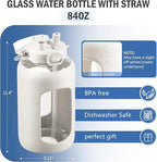 BLUEGO 84oz Water Bottle Glass with Stainless Steel Handle Large 2.5l Water Bottle with Time Markers and Silicone Sleeve Half Gallon Water Jug BPA Free for Gym Daily Use, White