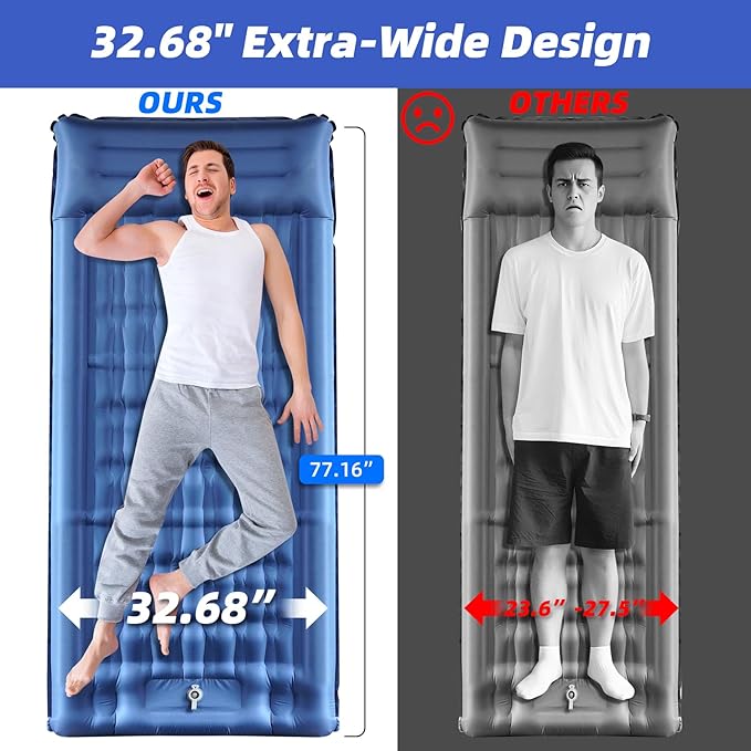 32.68" Extra Wide Sleeping Pad for Camping, Camping Mattress with Pillow, Inflatable Sleeping Pads with Built-in Foot Pump, 5.11" Thickened Sleeping Mat for Backpacking Hiking Tent (Blue)
