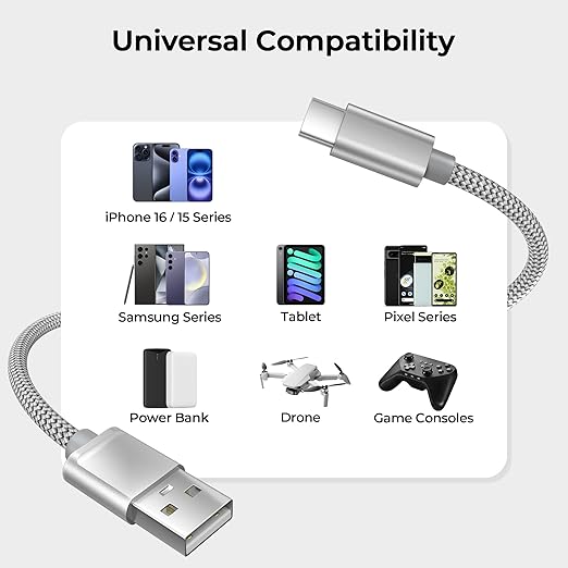 Basesailor for iPhone 17 16 Pro Max Charger Cord,USB to USB C Cable,Type C Charging Power Cord for Apple 17e 15 iPad 10 Air 4 5,Samsung Galaxy S26 S25 S24 S23,Silver,2Pack 10FT(3M)
