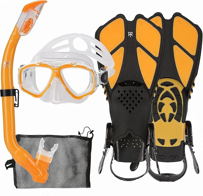 Kids Mask Fins Snorkel Set Snorkeling Packages, with Diving Mask, Snorkel, Adjustable Swim Fins, Mesh Bag, Anti-Fog Anti-Leak Snorkeling Gear for Kids for Snorkeling Swimming Diving