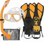 Kids Mask Fins Snorkel Set Snorkeling Packages, with Diving Mask, Snorkel, Adjustable Swim Fins, Mesh Bag, Anti-Fog Anti-Leak Snorkeling Gear for Kids for Snorkeling Swimming Diving