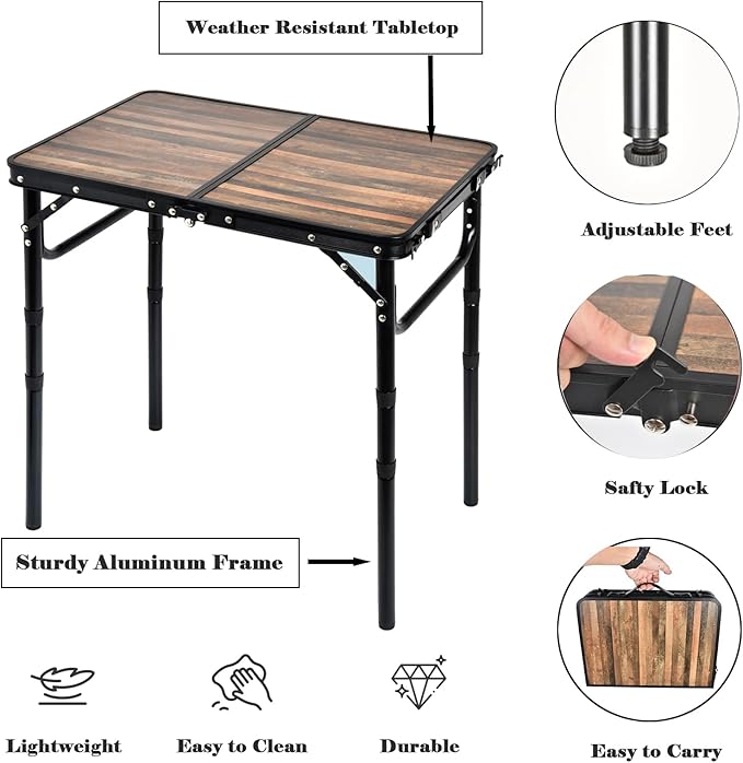 Small Folding Camping Table, 2ft Portable Picnic Table Aluminum 24" x 16" Folding Table, 3 Adjustable Heights Portable Lightweight Table Dining Table for RV, Picnic, Beach (Wood Grain)