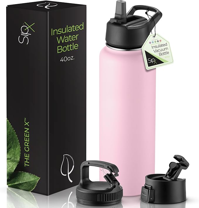 SipX™ Triple-Insulated Stainless Steel Water Bottle 40oz. With 3 Lids, BPA-Free Reusable Insulated Water Bottle Keeps Cold 24 Hours, Metal Water Bottle Made Of Sustainable Material For Hiking & Biking