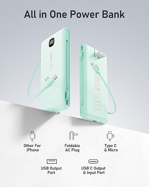 VEEKTOMX Portable Charger with Built in Cables 10000mAh, Power Bank for iPhone with Wall Plug, Travel Essential Fast Charging Slim USB C External Battery Pack for iPhone 17/16/15, Samsung, iPad, etc