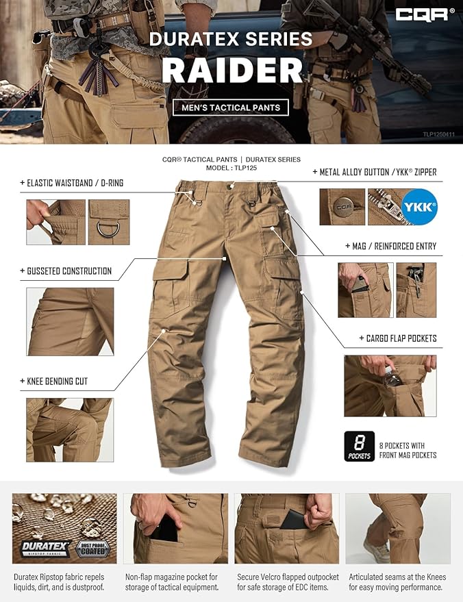 CQR Men's Tactical Pants, Water Resistant Ripstop Cargo Pants, Lightweight EDC Work Hiking Pants, Outdoor Apparel