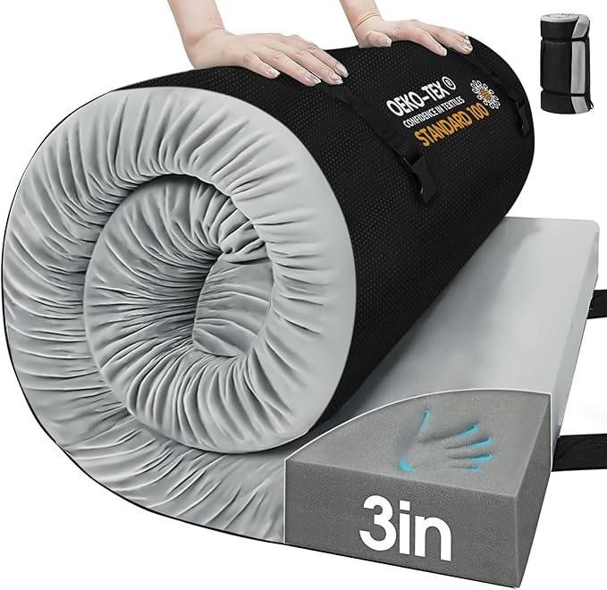 CYMULA Memory Foam Camping Mattress Pad,3inch Sleeping Pad for Camping,Non-Slip Bottom Floor Cot Car Mattress Bed with Retaining Portable Roll up Mattress Pad Mat for Travel Truck Guest Bed Tent