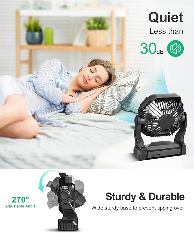 CONBOLA Solar Fans for Outside,Camping Fan, Portable Fans Rechargeable 9-Inch Battery Powered (180Hrs) LED Lantern, USB C Battery Beach Fan.