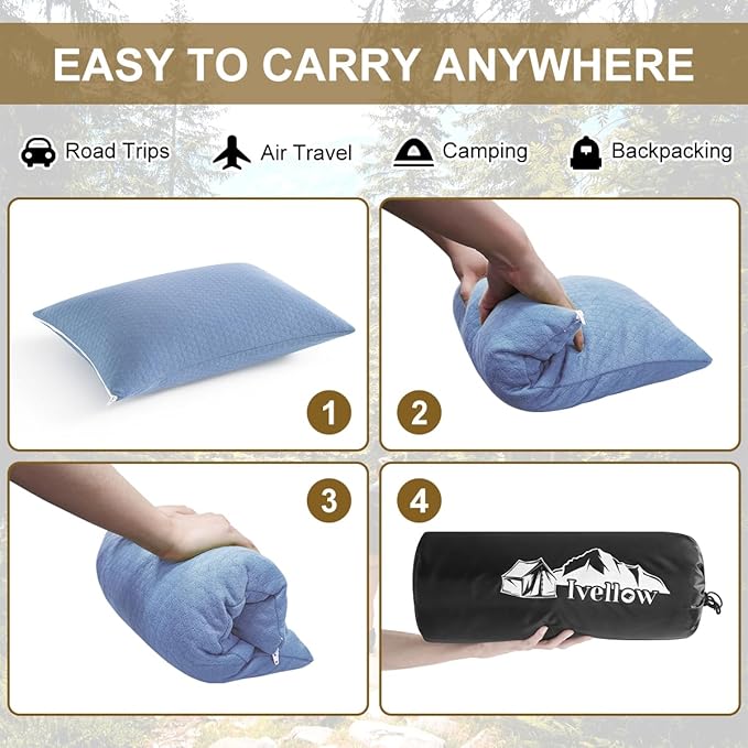 Ivellow Memory Foam Travel Pillow Compressible Camping Pillow for Sleeping Shredded Memory Foam Pillow Compact Firm Supportive Travel Pillow for Adults Kids Outdoor Hiking Essential Gear Blue-M