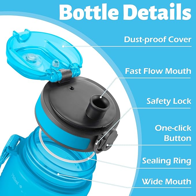 OLDLEY 25 oz Water Bottle, Motivational Water Bottle with Time Marker, Sports Water Bottle With Strap, Leakproof & BPA Free Large Water Bottles for School, Gym, Travel, Outdoor, Tritan,Blue