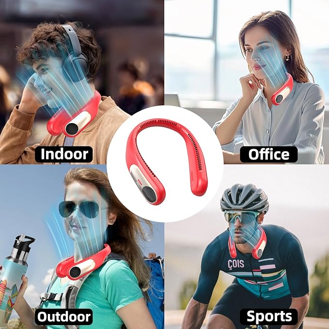 Portable Neck Fan,Personal Wearable Bladeless Fan,LED Display,4-Speeds,6000mAh USB Rechargeable,360° Strong Cooling Wind,Hands Free,Long Lasting,Birthday Gifts for Men Women Dad Mom (Red)