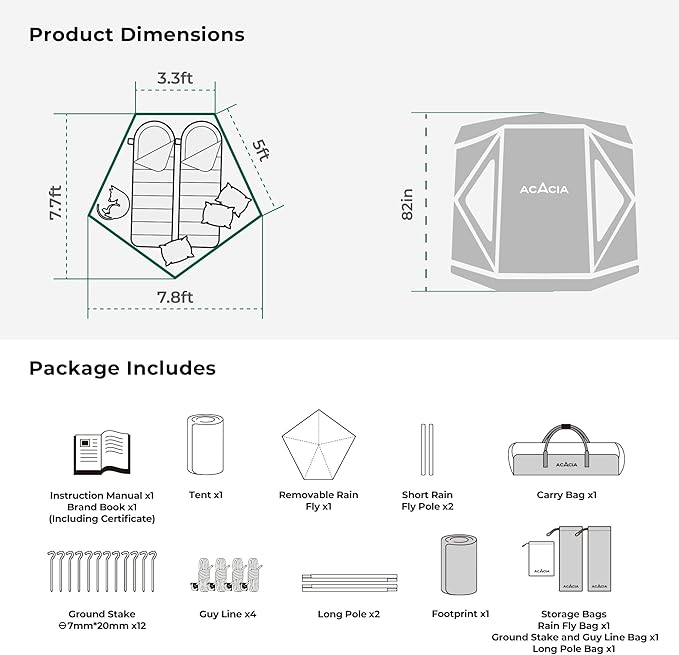 ACACIA Camping Tent, Pop Up Camping Tent with 8 Windows and Footprint, Waterproof Windproof Easy Setup Hub Tent for Family Camping, Hiking and Glamping