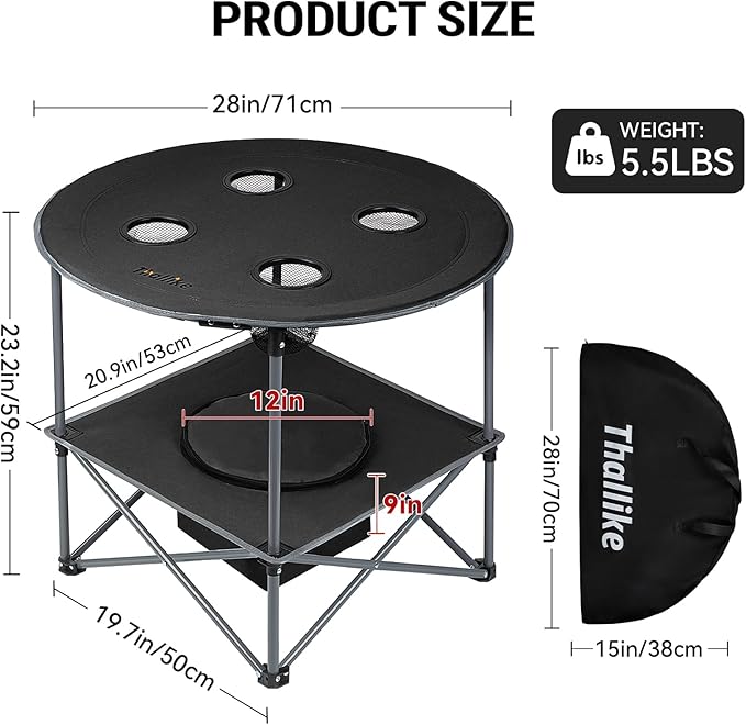 Portable Lightweight Folding Camping Table with Cooler and 4 Large Cup Holders Collapsible Picnic Camp Table Foldable Outdoor Table with Carry Bag for BBQ Tailgating Beach RV Travel Hiking
