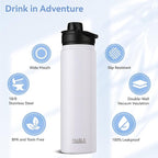 HASLE OUTFITTERS Insulated Water Bottle 22 oz Double Wall Stainless Steel Water Bottle Wide Mouth with Straw Lid & Spout Lid Keeps Cold or Hot(White,4)