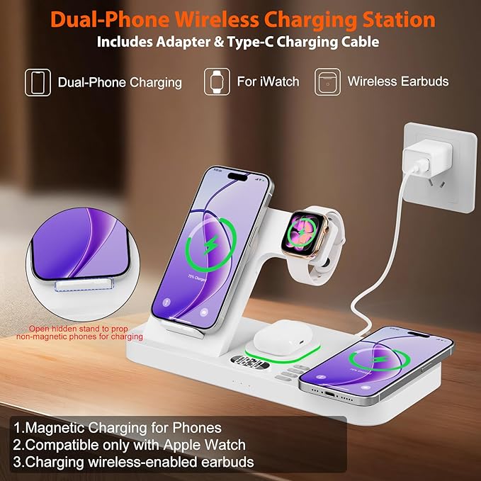 Dual Phone Magnetic Wireless Charging Station for Apple Devices/Apple Ecosystem,with Auto-Switch 7-Color Light & Clock, Compatible with iPhone 17/16/15, for iWatch 11/10/9 & AirPods Pro3（White）