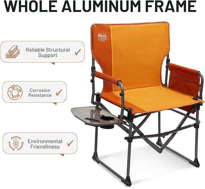 Timber Ridge Aluminum Camping Directors Chair with Side Table Pocket, Portable Folding Chair, Heavy Duty Lawn Chair for Fishing Trip Picnic Concert Outdoor 400lbs, Orange