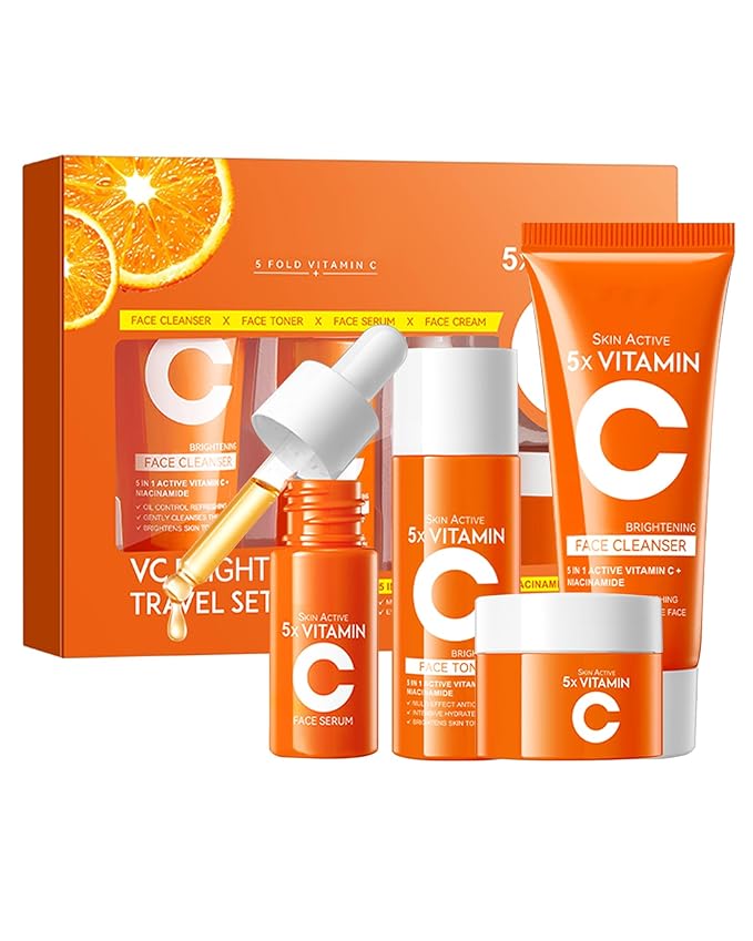 Skin Care Set,4 in 1 Vitamin C Soft Travel Kit with Cleanser,Toner,Serum,Face Cream,Moisturizing Firming Anti-Aging Soft Skin,Women’s Mother's Day Skincare Beauty Gift Kit for Women Mom
