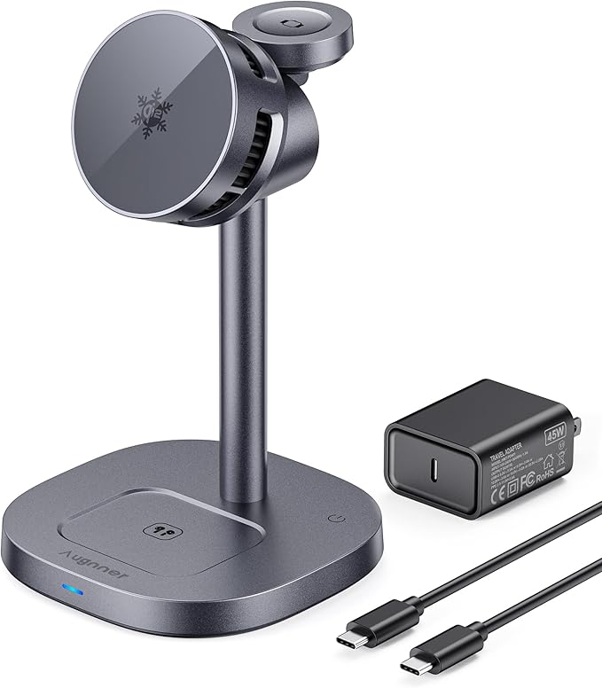 2026 New Magnetic Wireless Charger Stand with TEC Active Cooling, 15W Qi2-Certified 3 in 1 Charging Station for Apple Charger Stand, Wireless Charger for iPhone17/16/15/14/13/12, Apple Watch, AirPods